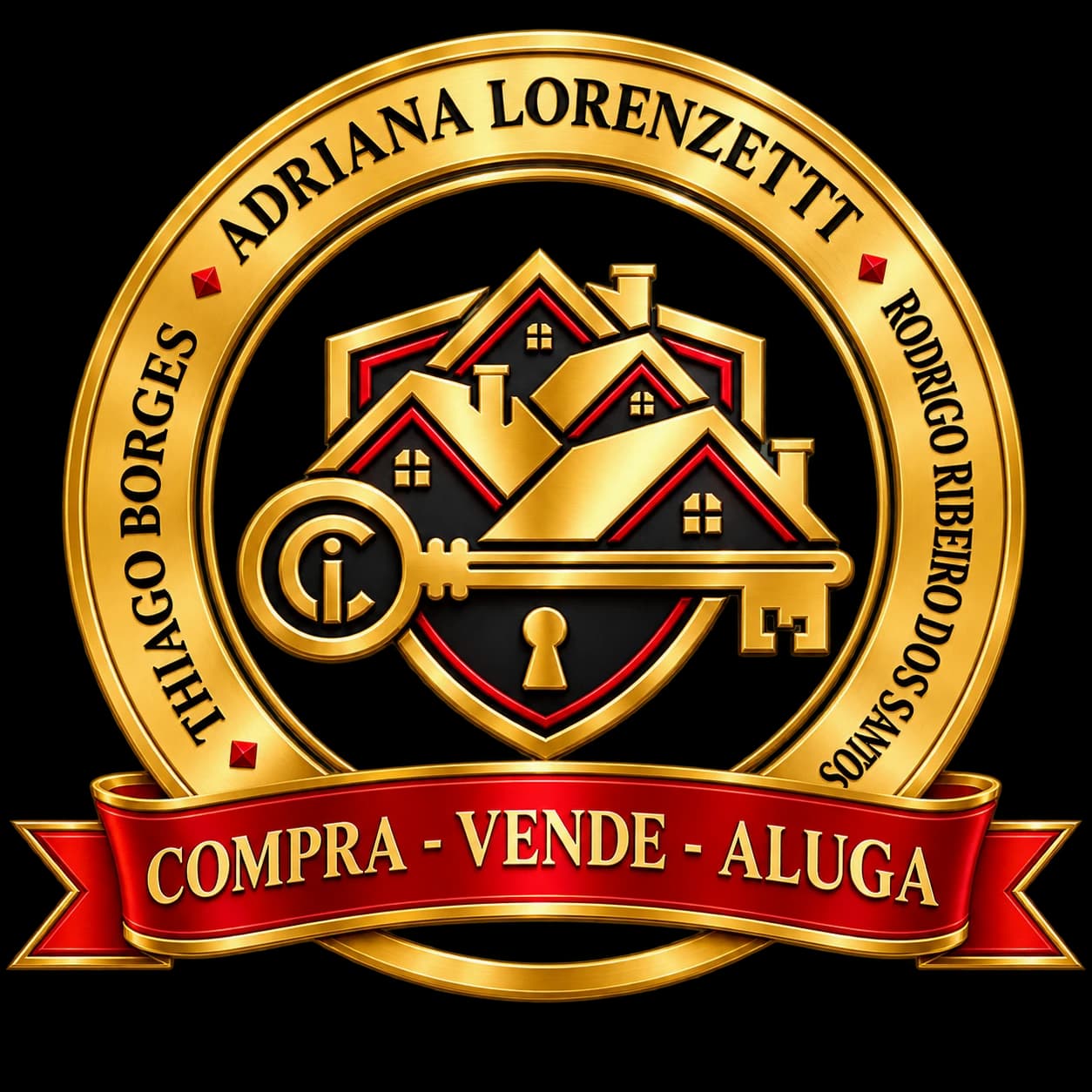 Selo dos corretores Adriana Lorenzetti, Thiago Borges e Rodrigo Ribeiro dos Santos — compra, vende e aluga